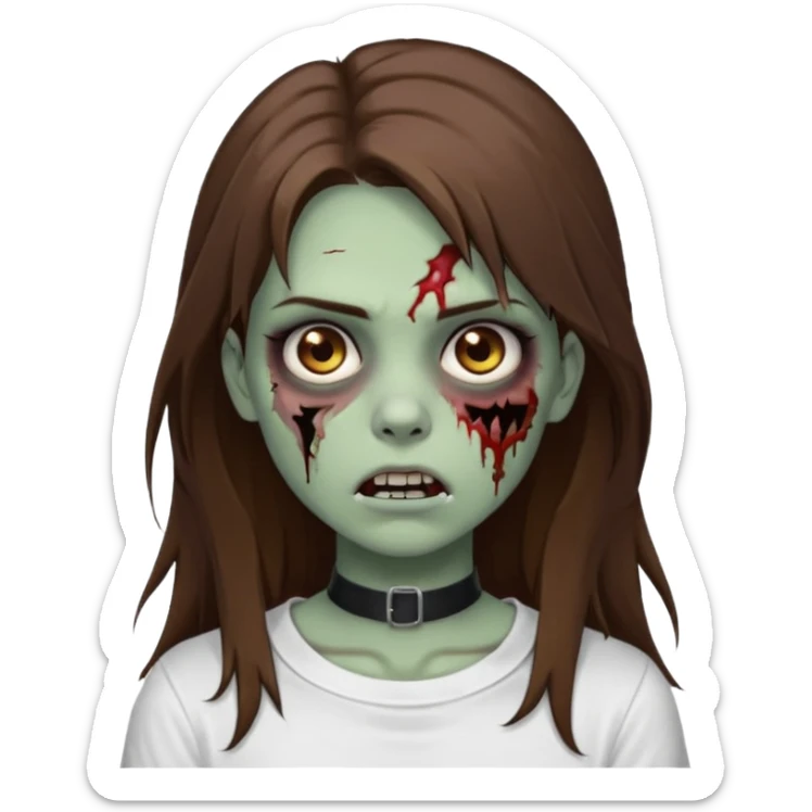 zombie girl with long brown hair With cuts on his cheeks, with a choker and a white T-shirt  sticker