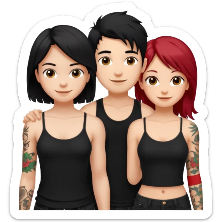 generate a fair boy with messy black hair, tattoos. standing beside a fair black haired girl wearing a black cami top and a tan girl with red hair sticker