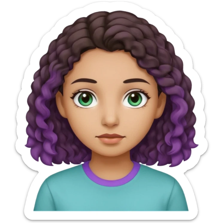Girl with olive skin, teal eyes, slightly curly dark brown hair, light purple shirt sticker