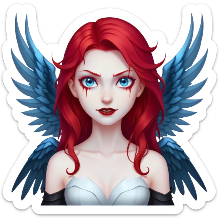 extremely diabolical girl with giant towering wings, blood red hair, glowing blue eyes, black hellfire aura, no horns, evil grin sticker