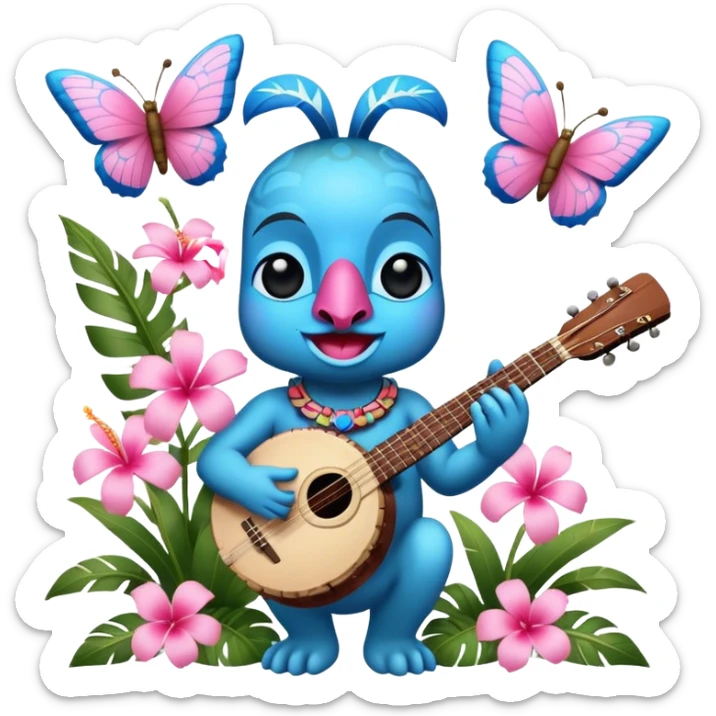Pixar style little Blue and pink tiki singing with a butterfly, banjo, and tropical flowers, ultra detailed and lifelike imagery, realistic sticker