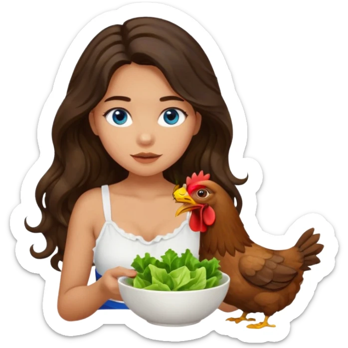Girl with olive skin, blue eyes, brown dark insanely wavy long hair, white camisole. Eating a bowl of lettuce and chicken sticker