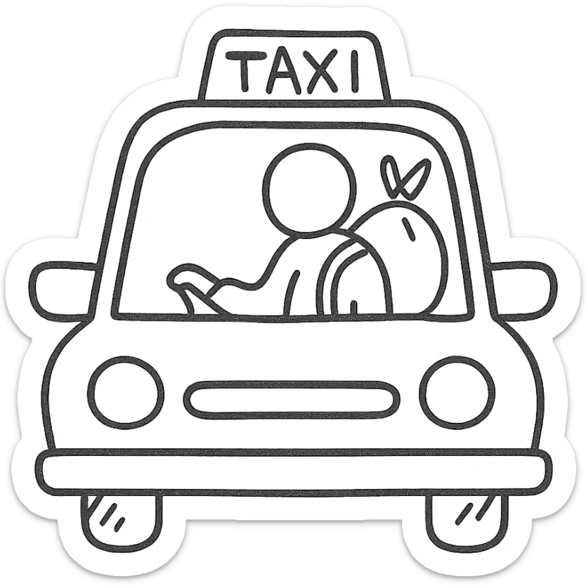 A migrant in a taxi, hand drawn icon with no fill, black and white sticker