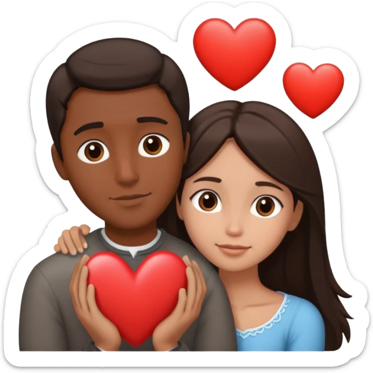 A couple embracing, man with mestizo brown skin and short straight dark brown hair, woman with fair skin and long dark brown hair, with white hearts around them sticker