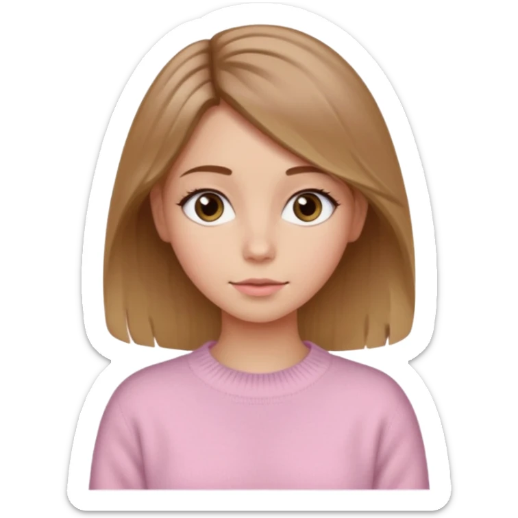 Crea una chica güerita con pelo café claro y raíces güeras, ojos rasgados cafés oscuros, suéter o camisa rosa claro sticker