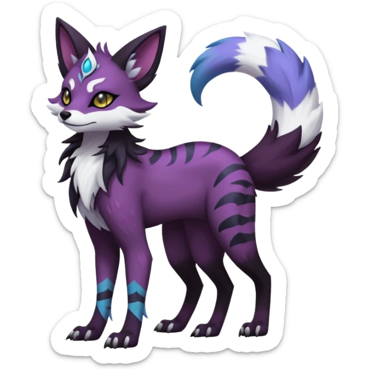 Kawaii dark black purplish blackish edgy fantasy ethereal feline-vernid-sergal-monster-furret-Lycanroc-umbreon-fursona animal creature full body with intricate markings  sticker