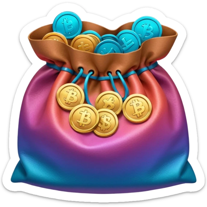 coins in gradient of turquoise, blue, pink, purple, and coral color inside a brown bag sticker