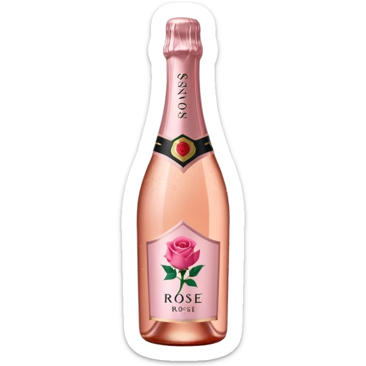 bottle of sparkling rosé with a rose logo on the label, angled to the left, no glass sticker