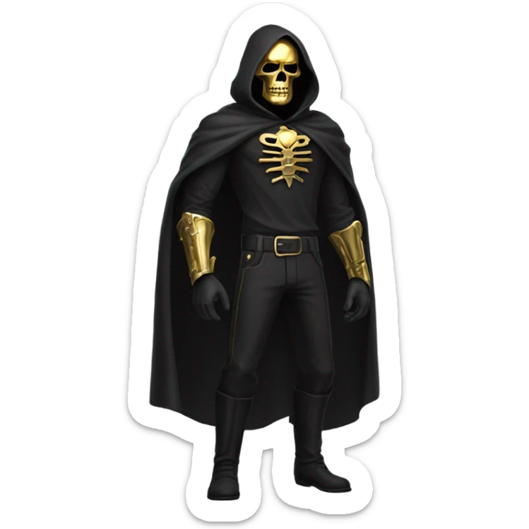 Bounty Hunter Boss with black cape and a gold skull mask from death Stranding, full body view sticker