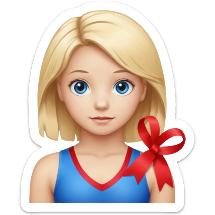 girl gymnast with blonde hair and blue eyes, holding a ribbon sticker
