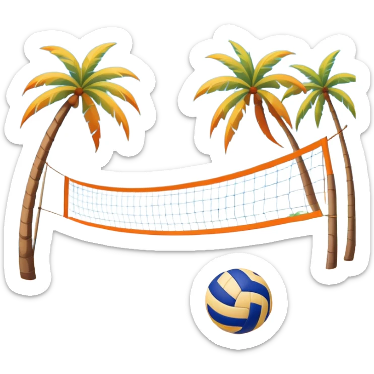 A volleyball resting on the orange sand of a beach, with a volleyball net in the background. The scene captures a sunny beach atmosphere with clear blue sea and sky, palm trees swaying, and people in swimsuits enjoying the vibrant surroundings sticker