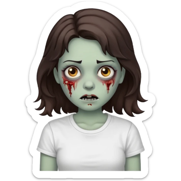 zombie girl who has wavy dark brown hair and a white t shirt sticker