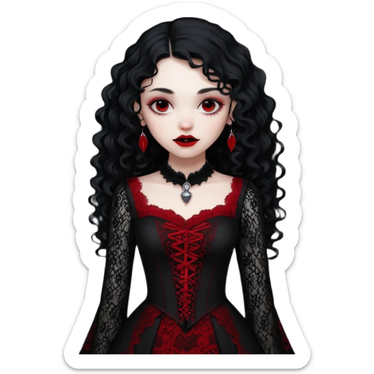 A girl with a red goth vampire look in a black and red goth lace dress with long sleeves and long black curly hair  sticker