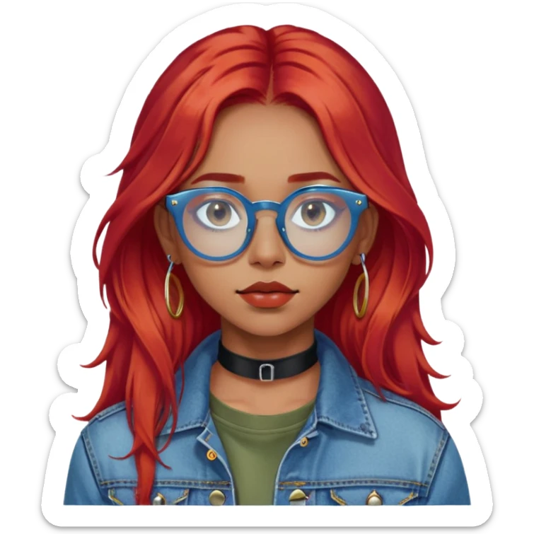 young woman, long red hair, blue translucent glasses, black choker, septum ring, denim jacket, calm expression, olive white skin sticker