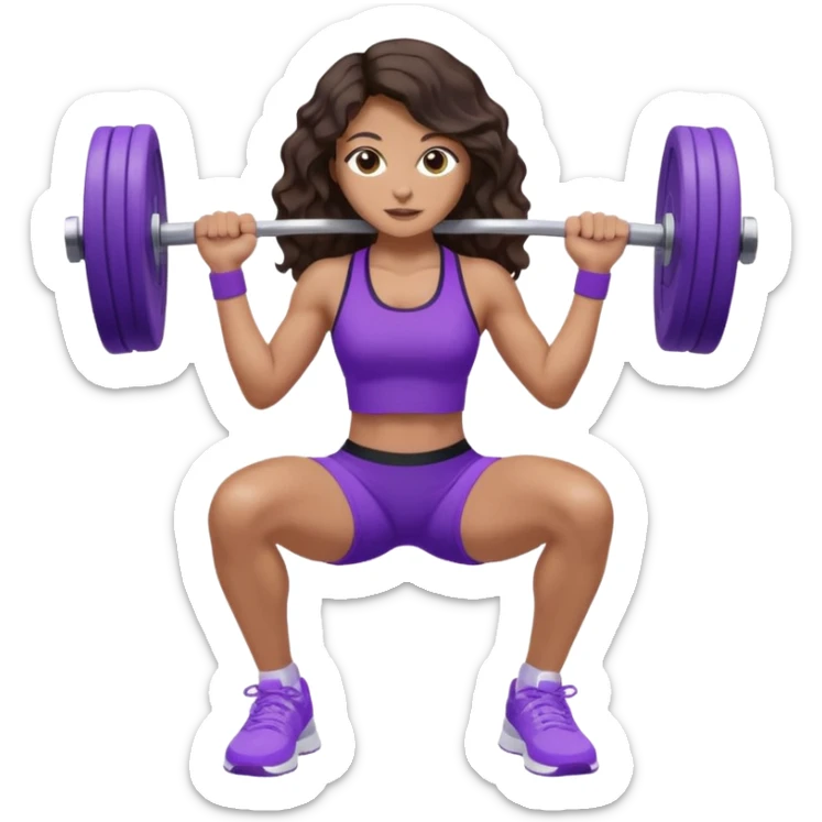 mujer de tez trigueña, con cabello castaño oscuro ondulado con pequeñas ondas, con el cabello super largo hasta las rodillas estilizado, con ropa deportiva morada/lila, tenis blancos deportivos y levantando una pesa sticker