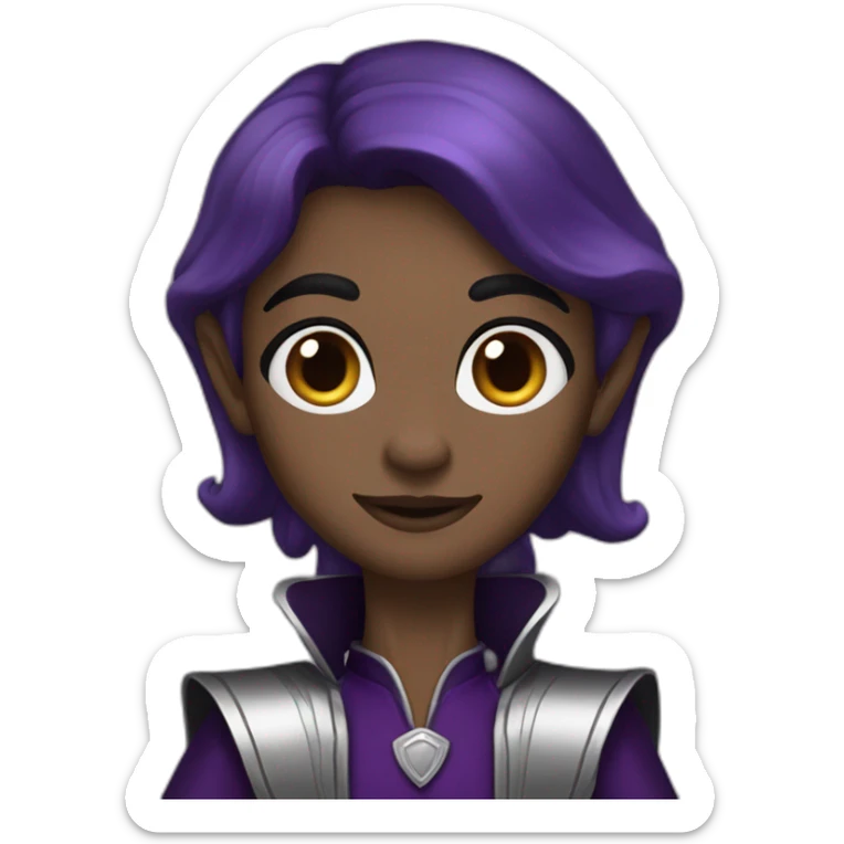 tall elf, long dark brown hair and eyebrows, wearing dark black & purple and silver outfit  sticker