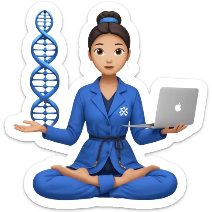 emoji of an asian woman with a single bun in a long blue labcoat sitting cross legged with dna levitating above one hand and an macbook above the other hand sticker