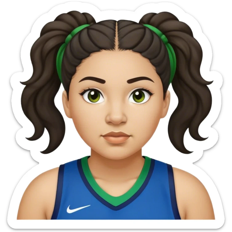  plus size light skin latino women basketball player with wavy dark hair in pony tail flat wide nose wearing blue green  uniform sticker