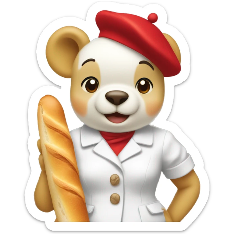 parisien style white pooh (female), with red beret on head and baguette in arms, and with eiffel tower in the background sticker