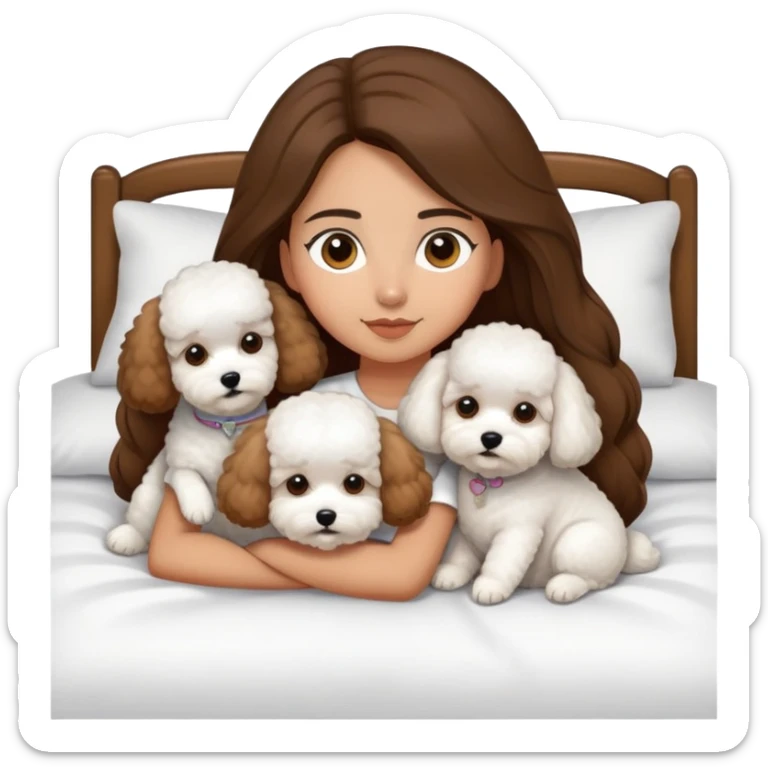Olive skin girl with long brown hair in bed with three pure white bichon frise's in bed sticker
