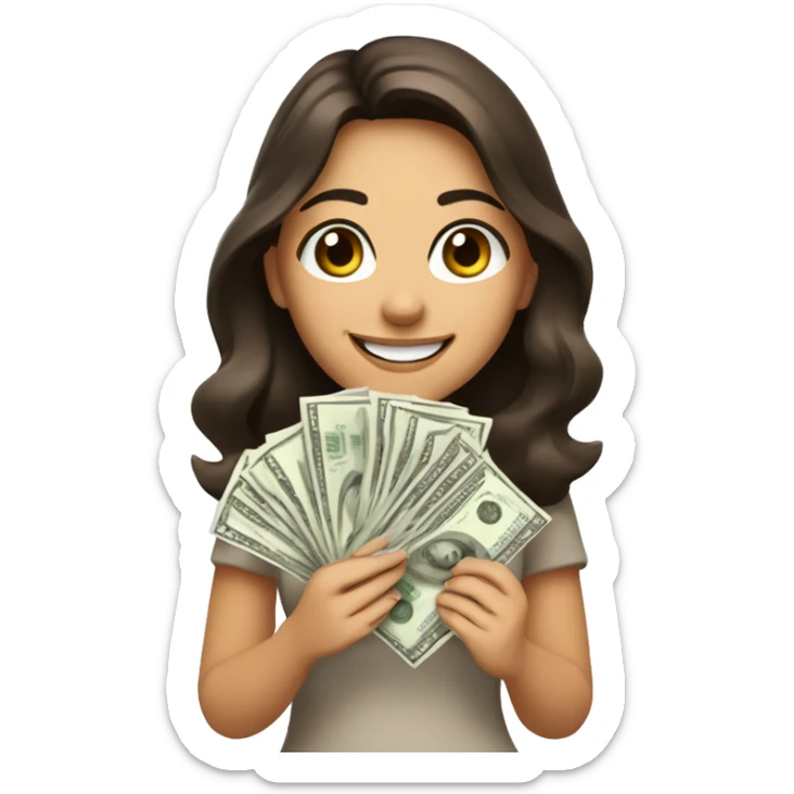 brunette girl with brown eyes with a beautiful smile holds paper dollars in her hands sticker