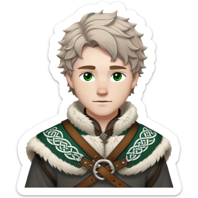 Medieval winter outfit worn by a DnD themed fantasy male character. Heavy charcoal wool tunic with arctic wolf fur lining, adorned with intricate iron clasps and a thick leather belt with celtic knotwork. Clothes only above the waist, full waist coverage. The character has no arms. Character is white-skinned with light brown hair, gray-green eyes, and short wavy hair dusted with winter's touch. sticker