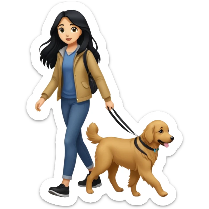 A girl with long black hair walking a black golden retriever sticker