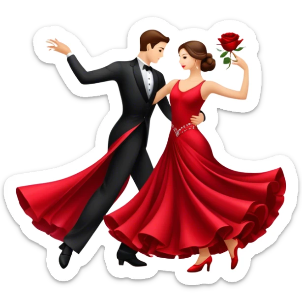 humanless Icon for Ballroom Dancing: a pair of ballroom dance shoes, a rose, a dance floor, a flowing, voluminous ballroom dress in motion, and a shining spotlight. The icon should represent the elegance and atmosphere of ballroom dancing, focusing on the attire and setting. Transparent background. sticker