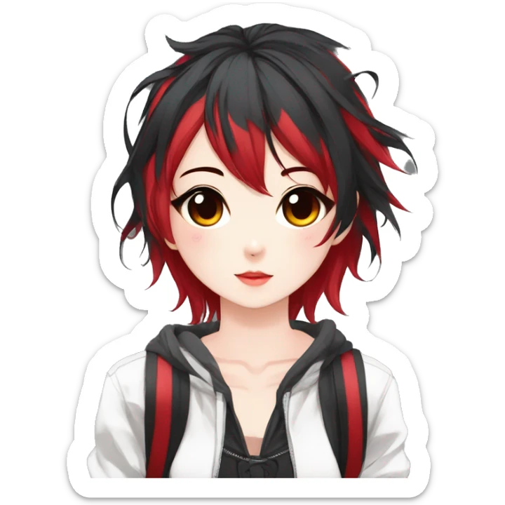Gorgeous anime style shojo character with blushing face aesthetic and pretty edgy black red punk hair with hair garment trending style sticker