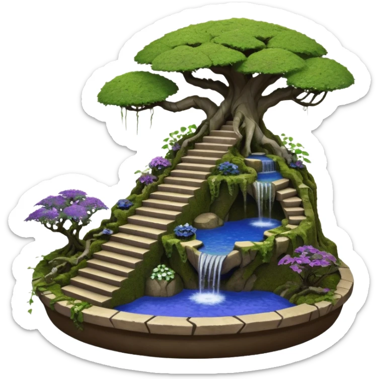 Alien saucer house jungle-vines precarious stairway fountain mountain-island landscape antique mudman very old broken cracked intricate Stone Age lapis-crusted irregular dodecagon-shaped shallow dark moss rough bark violet serissa flowered maple tree bonsai pot sticker
