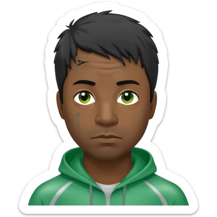 Park is a middle-aged man, around 35 years old, green tracksuit,  His black hair, streaked with strands of gray, is unkempt and damp with sweat. sticker