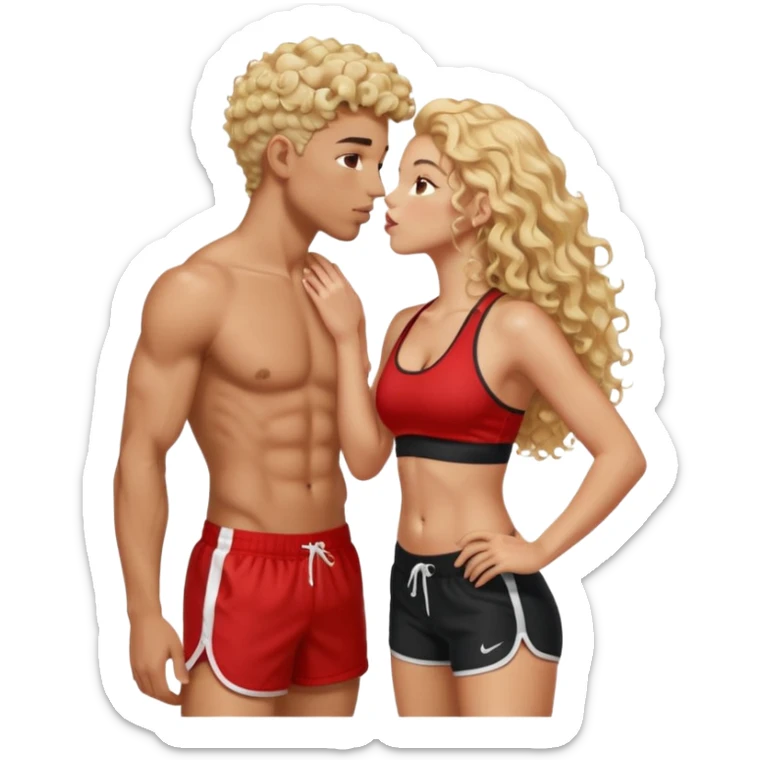 athletic man, high top fade, blonde curly hair only top only, no shirt and Athletic girl with long light red wavy long hair and black sports, Put them together kissing, or holding hands sticker