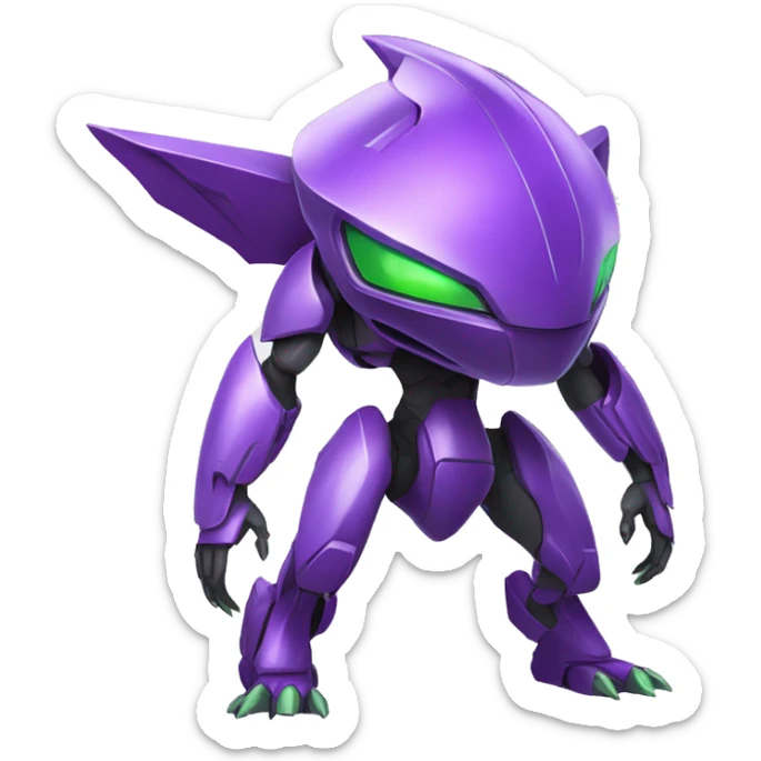 a purple-green Genesect-Raptor-Fakémon—hybrid with a futuristic visor-helmet full body sticker