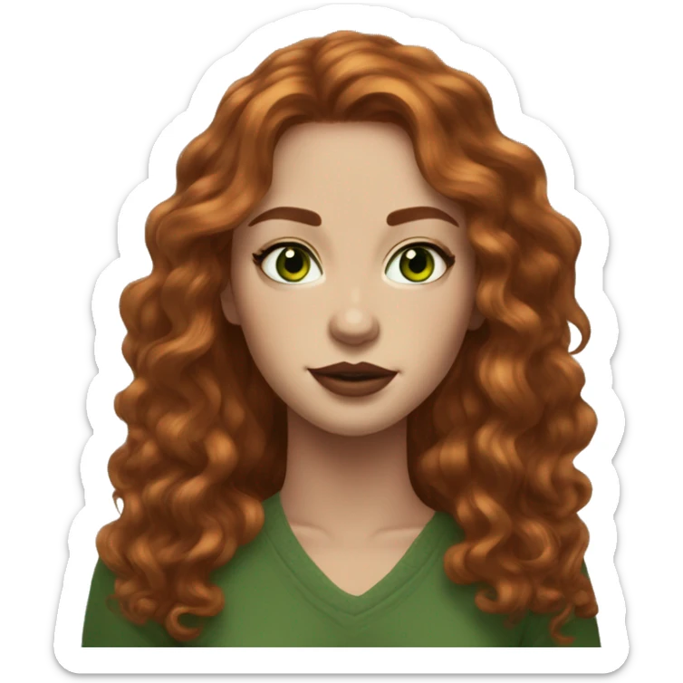 green eyes young woman central, small nose redhead long hair layers wavy freckles brown lipstick sticker