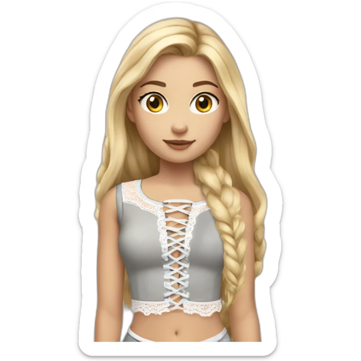 realistic nordic woman, long straight blonde hair, white lace up crop top, grey mini skirt, body sticker