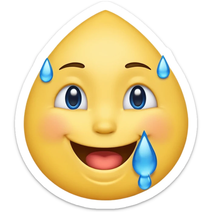 Emoji, yellow round laughing face, blue tears of joy on it. 2 big blue tears on each of the 2 cheeks sticker
