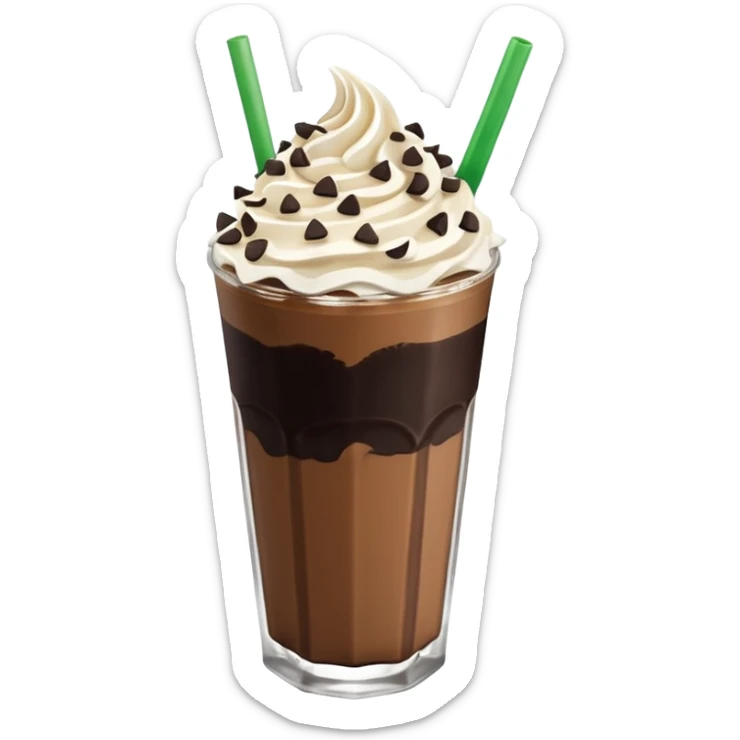 Vaso de vidrio con Frappé color café, crema en la parte superior con popote verde insertado en la crema, agregar encima de la crema chispas de chocolate. Colocar arriba de la crema insertada una galleta tipo oreo. sticker