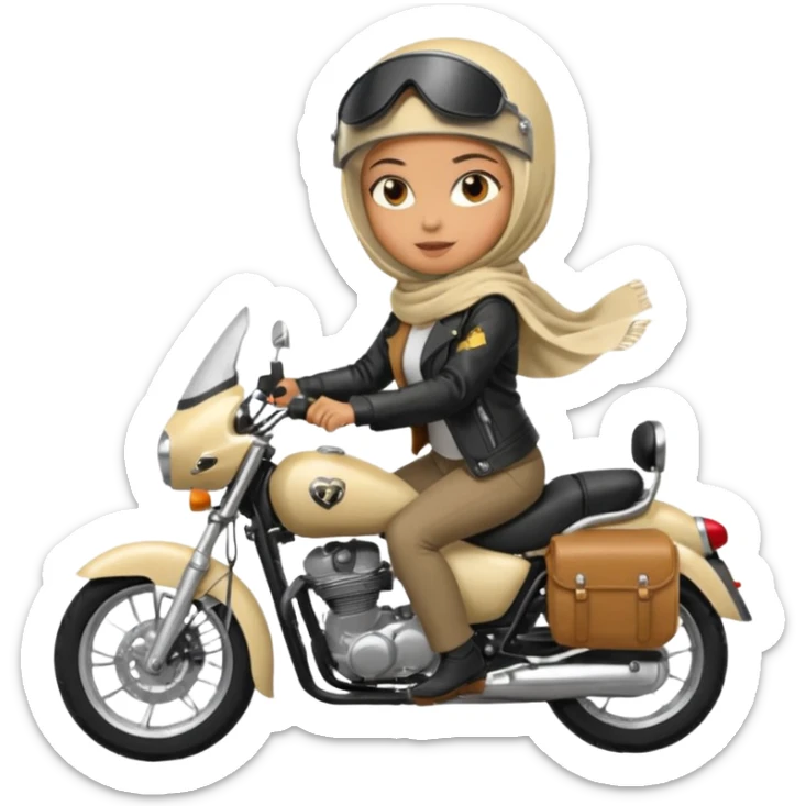 A woman wearing a cream colored pashmina hijab riding a motorbike sticker