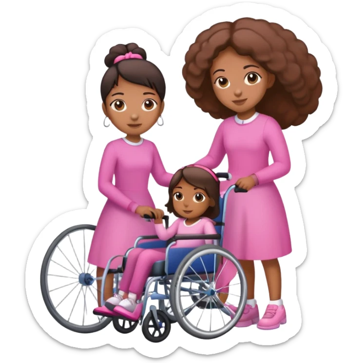 One tan skin sister standing behind her brown skin sister in a pink wheelchair sticker