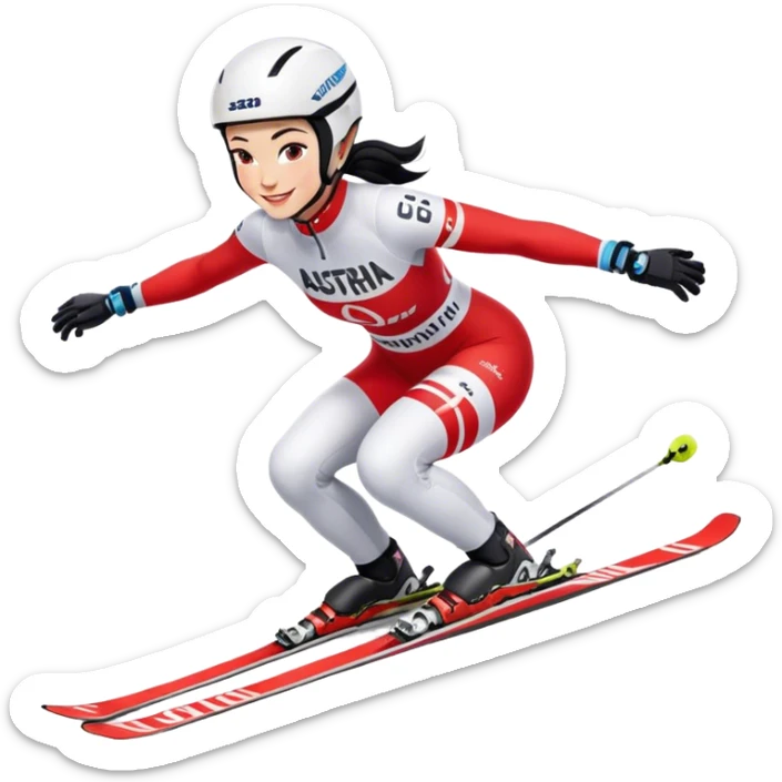 Ski racer downhill squat woman red white dress Austria lettering Ski Head lettering black hair smile sticker