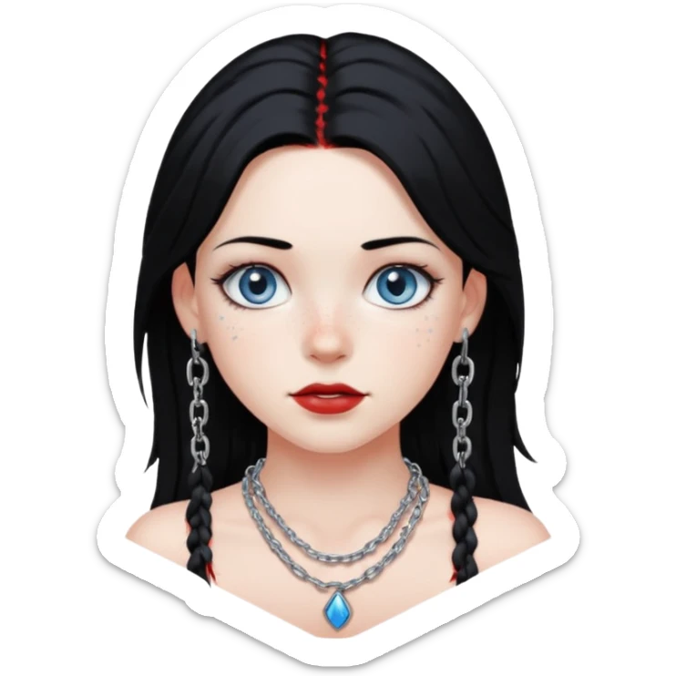 Girl with blue eyes white skin freckles black hair and red roots with silver chains sticker