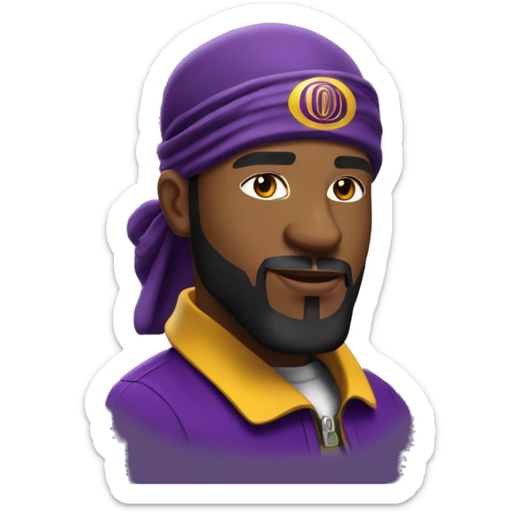 Omega psi phi man wearing a purple and gold letter man jacket a black durag on his head brown skinned black full beard and attractive  sticker