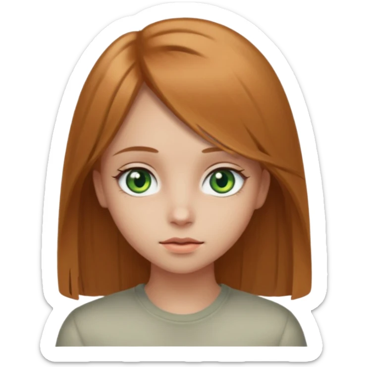 apple style emoji of a girl with light brown (русые) hair, 1A-1B straight hair texture, heterochromia: one green eye, one greyish eye sticker