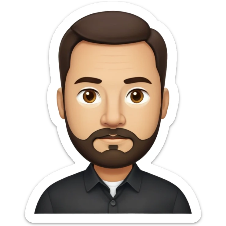 Very stocky businessman in his 40s with light brown skin, pear-shaped face (wider at bottom), full cheeks, medium dark brown eyes, thick eyebrows, wide nose, professional expression, short full beard, short dark hair, wearing a black button-up shirt sticker