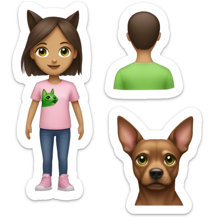 Mini brown pincher  and brunette girl with green eyes and pink t-shirt  sticker