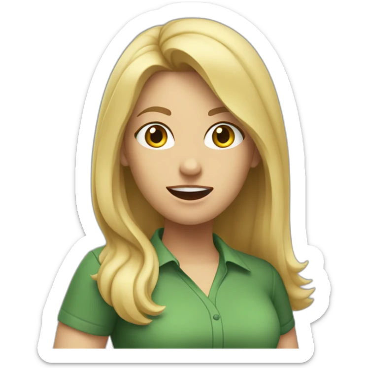 front view woman teacher long blonde hair green shirt no glasses yelling sticker