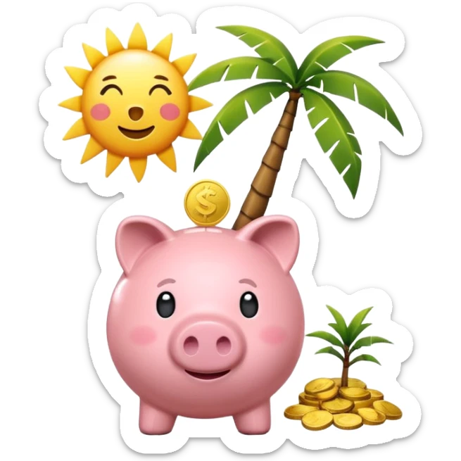 A simple emoji-style icon: A piggy bank with a coin dropping into it, next to a small palm tree and sun, symbolizing saving today for retirement tomorrow. Minimalist, clean design, consistent with emoji aesthetics. sticker