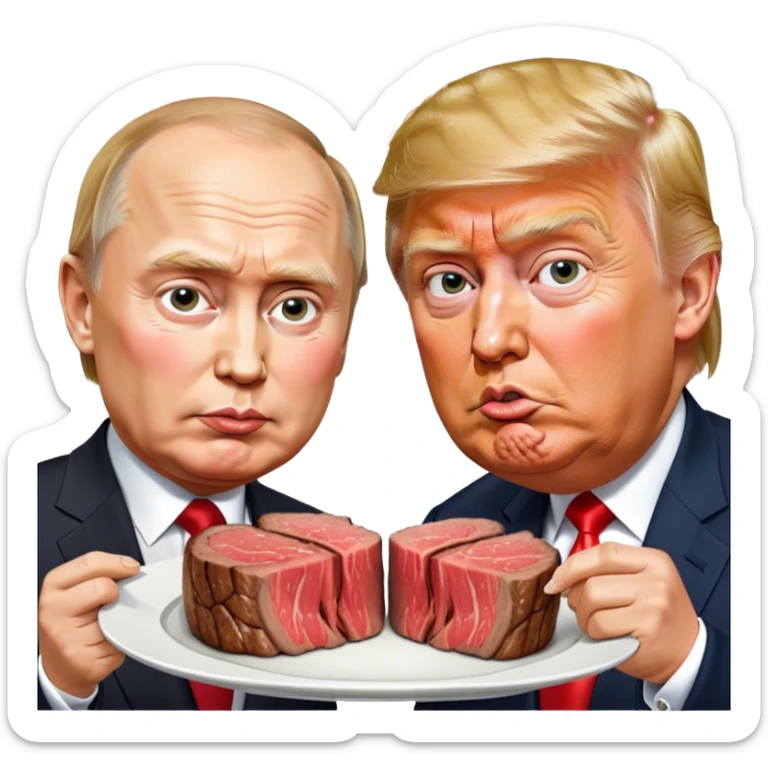 photorealistic Donald Trump and Putin eating a steak shaped like an piece of land sticker