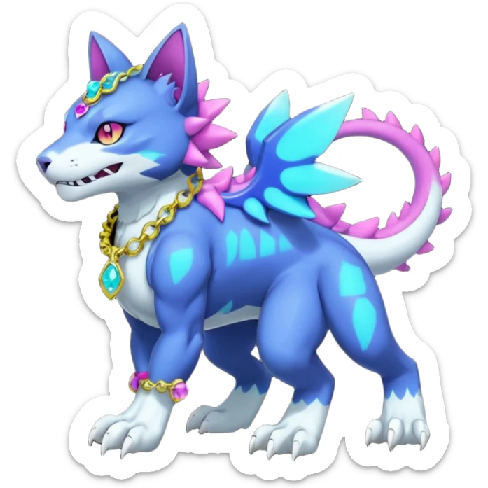 Colorful neon glowing abyssal garurumon-purloin-feline-Fakemon-Digimon-creature wearing a cool casual fashionable aesthetic clothes and accessories and jewelries and apparels fursona (full body)  sticker