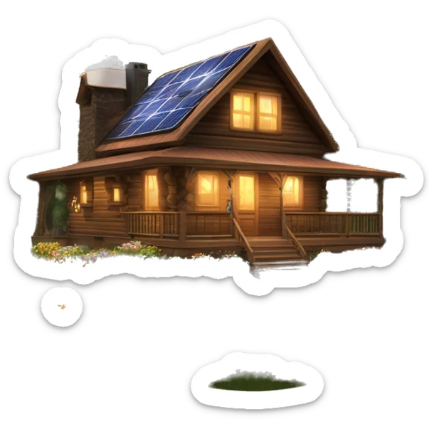 Skywalker Cabin is a clean Very big Wood Cabin near tree on the mountain in the background. with fancy solar arrays on top. The cabin sits on thick grass fields. porch lights on ,guests on porch smoking cigarettes, springtime flowers and bushes nearby sticker